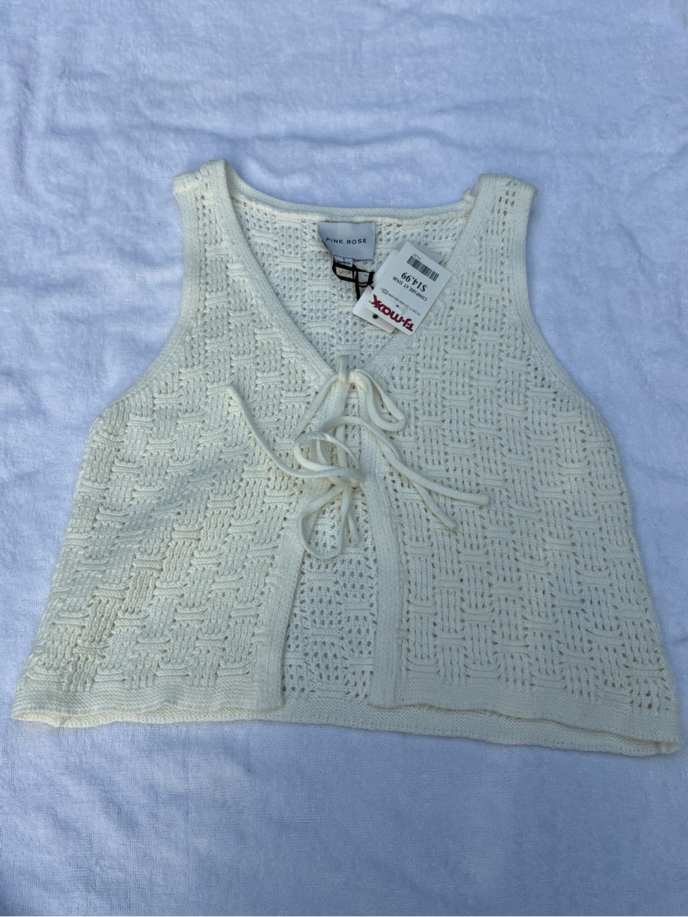 Pink Rose Cream Crochet Tie-Front Tank Top